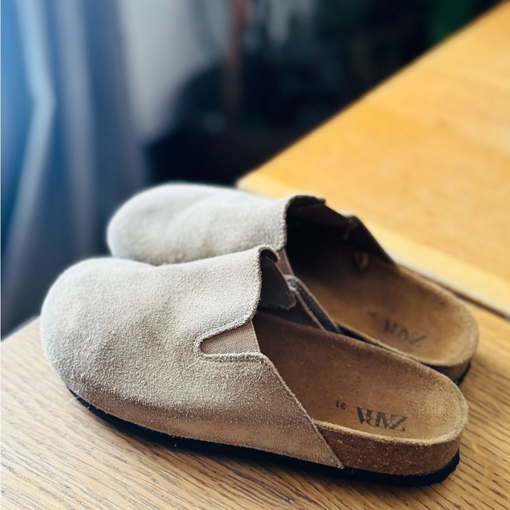 Zara Kids Tan Suede Slip-On Clogs
